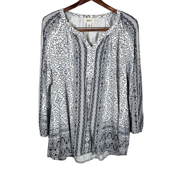 Style & Co. Tops - Style & Co Blouse Women's Size XL Floral Long Sleeve Boho Blue & White